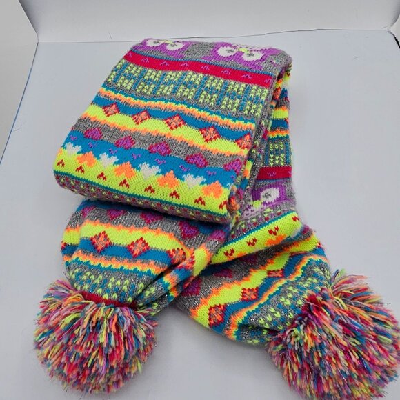 Colorful Knit Scarf With Owl Design & Pom-Pom Ends - Picture 6 of 6
